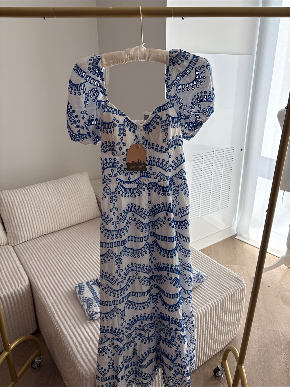 Main Strip Blue and White Puff-Sleeve Maxi Dress